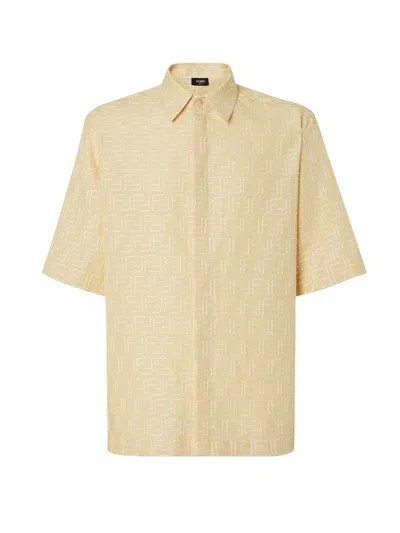 Fendi Men Yellow Shirt With Wide Short Sleeves And All-over Ff Motif In Linen Blend Man In Yellow