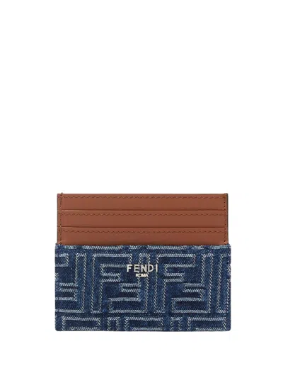 Fendi Blue Denim Effect Ff Jacquard Card Holder And Brown Leather Men In Blue