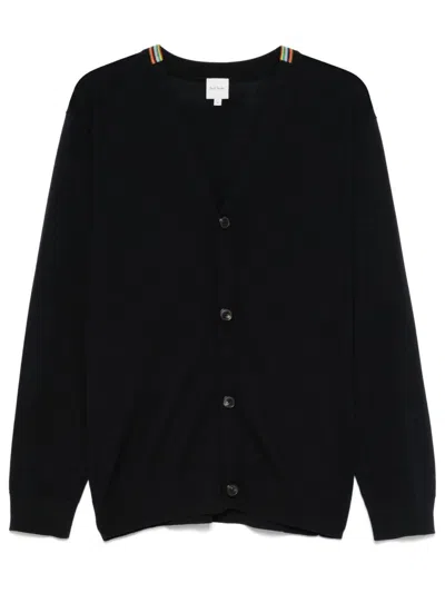 Paul Smith Navy Blue V-neck Wool Cardigan In Black
