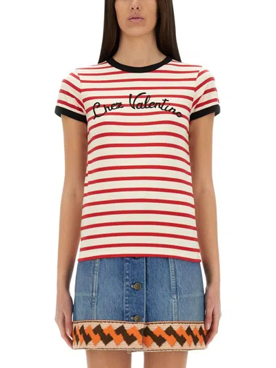 Valentino Women Ivory Striped Jersey Embroidered T-shirt In Multi