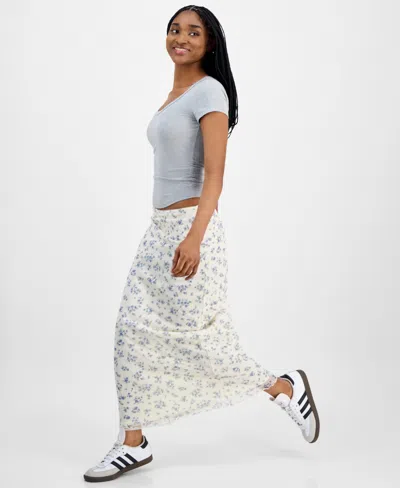 Hippie Rose Juniors' Floral-print Maxi Skirt In White