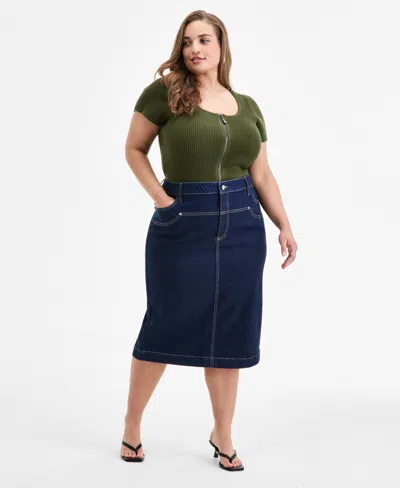 Bar Iii Trendy Plus Size Denim Midi Skirt, Exclusively At Macy's In Blue