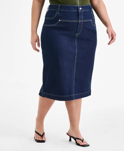 Bar Iii Trendy Plus Size Denim Midi Skirt, Exclusively At Macy's In Blue