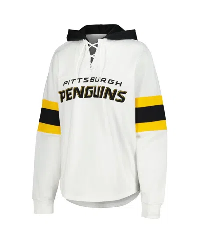 G-iii 4her By Carl Banks Women's White/black Pittsburgh Penguins Goal Zone Long Sleeve Lace-up Hoodie T-shirt In White