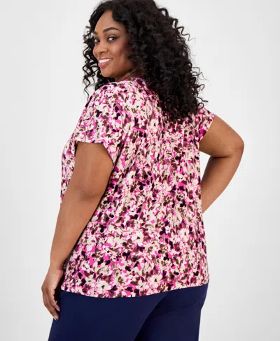 Jones New York Plus Size Floral-print Keyhole Top In Pink