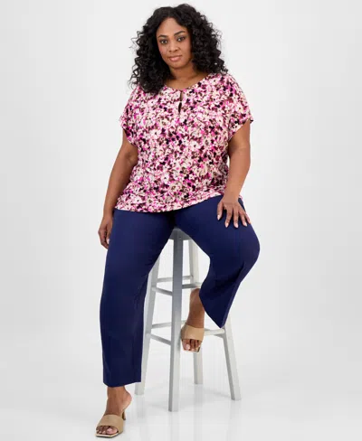 Jones New York Plus Size Floral-print Keyhole Top In Pink