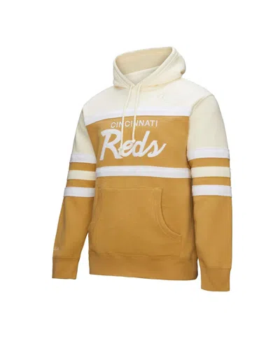 Mitchell & Ness Tan/cream Cincinnati Reds Head Coach Pullover Hoodie In Neutral