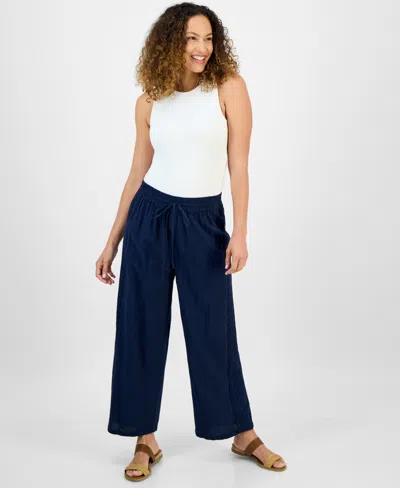 Style & Co Petite Eyelet-trim Wide-leg Pants, Exclusively At Macy's In Blue