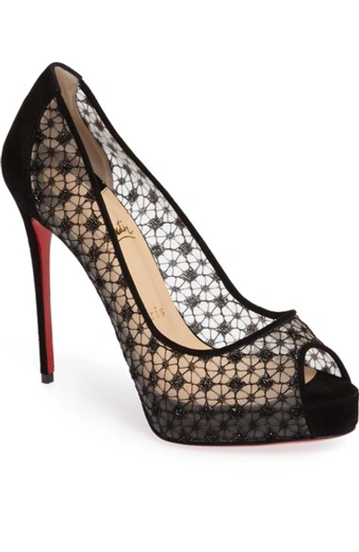 Christian Louboutin Very Lace Platform Red Sole Pumps In Black Mesh