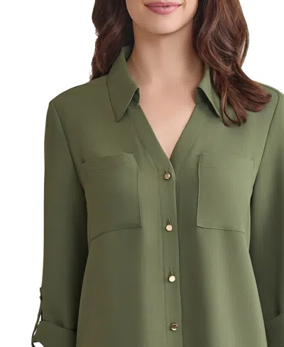 Jones New York Jasper Crepe Collarless Tunic In Green