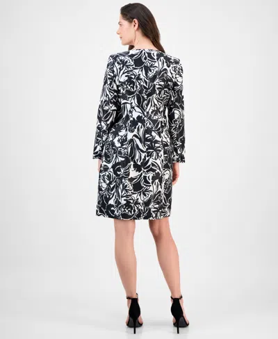 Le Suit Petite Floral-print Jewel-neck Jacket Topper & Empire Seamed Dress In Black