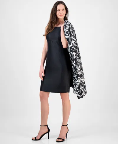 Le Suit Petite Floral-print Jewel-neck Jacket Topper & Empire Seamed Dress In Black