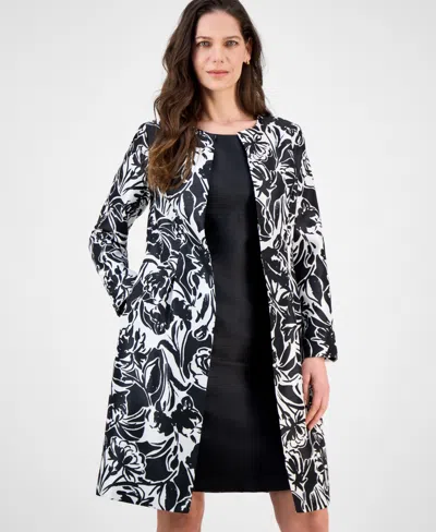 Le Suit Petite Floral-print Jewel-neck Jacket Topper & Empire Seamed Dress In Black