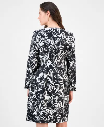 Le Suit Petite Floral-print Jewel-neck Jacket Topper & Empire Seamed Dress In Black