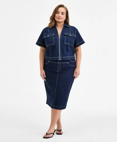 Bar Iii Trendy Plus Size Seamed Denim Zip-front Top, Exclusively At Macy's In Blue