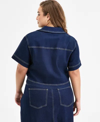 Bar Iii Trendy Plus Size Seamed Denim Zip-front Top, Exclusively At Macy's In Blue