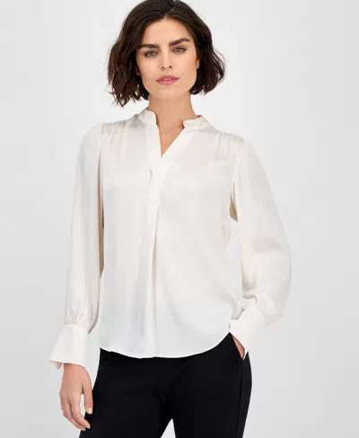 Anne Klein Textured Crepe Long Sleeve Top In White
