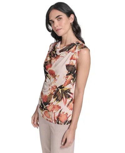 Calvin Klein Petite Floral-print Mesh Blouse In Multi