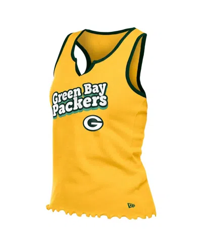 New Era Women's Gold Green Bay Packers Lettuce Hem Notch Neck Tri-blend Tank Top In Yellow
