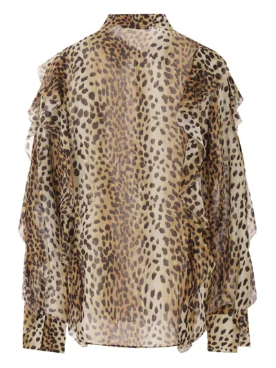 Blumarine Silk Chiffon Leopard Shirt In Animal Print
