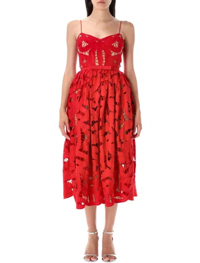 Self-portrait Bow-detailed Cotton-guipure Lace Midi Dress In Red
