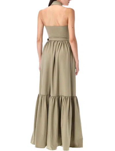 Self-portrait Beige Sleeveless Twill Maxi Dress In Green