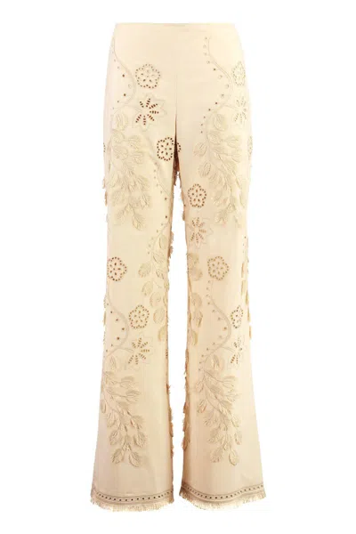Alberta Ferretti Cotton Trousers Embroidered Frayed Hem In Neutral