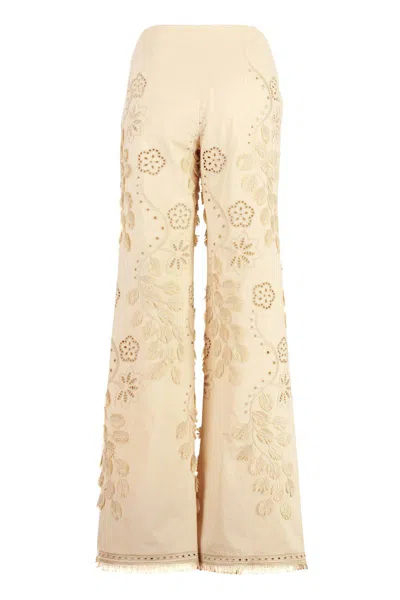 Alberta Ferretti Cotton Trousers Embroidered Frayed Hem In Neutral