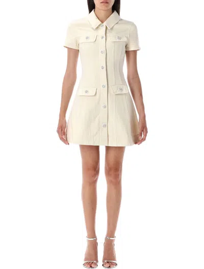 Self-portrait Structured Beige Dress With Classic Collar And Flap Pockets In White