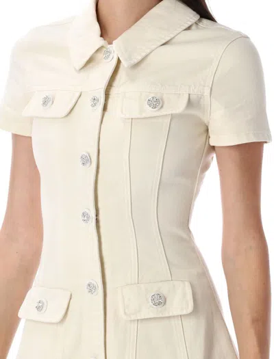 Self-portrait Structured Beige Dress With Classic Collar And Flap Pockets In White