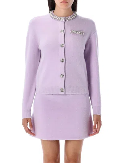 Self-portrait Lilac Crystal Trim Knit Cardigan In Purple