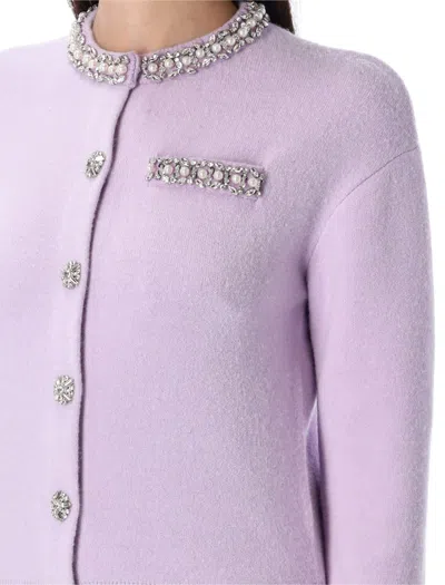 Self-portrait Lilac Crystal Trim Knit Cardigan In Purple