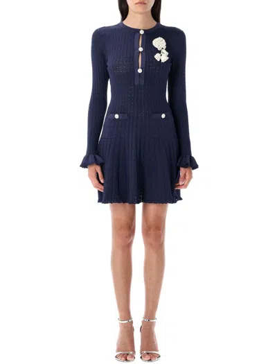Self-portrait Perforated Knit Short Dress With Removable Lace Brooch