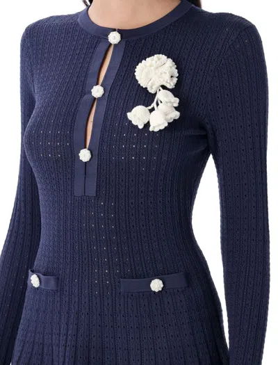 Self-portrait Perforated Knit Short Dress With Removable Lace Brooch