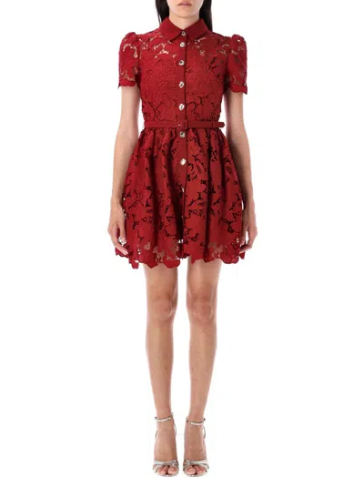 Self-portrait Womens Embroidered Collared Lace Mini Dress Burgundy In Red