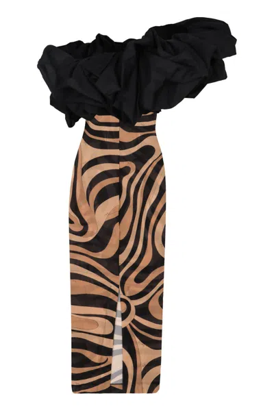 Pucci Marmo One-shoulder Ruffled Cotton Poplin-trimmed Printed Mesh Maxi Dress In Animal Print