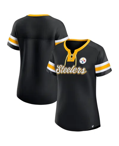 Fanatics Women's Black Pittsburgh Steelers True Catch Iconic Rhinestone Bling Athena Lace-up T-shirt In Blue