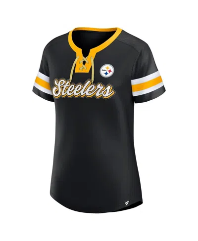 Fanatics Women's Black Pittsburgh Steelers True Catch Iconic Rhinestone Bling Athena Lace-up T-shirt In Blue