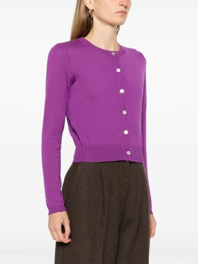 Charlott Cropped Wool Cardigan With Button-down Front In Purple