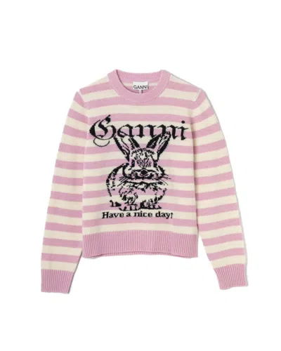 Ganni Striped Graphic Wool Bunny Jumper With Ribbed Edges In Pink