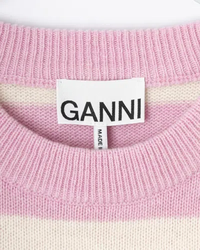 Ganni Striped Graphic Wool Bunny Jumper With Ribbed Edges In Pink