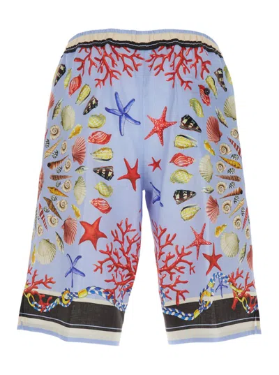 Dolce & Gabbana Multicolor Shorts With Elastic Drawstring And All-over Print In Linen Man
