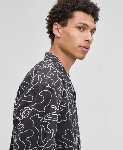 Mode Of One Men's Relaxed-fit Embroidered Button-down Poplin Camp Shirt, Exclusively At Macy's In Gray