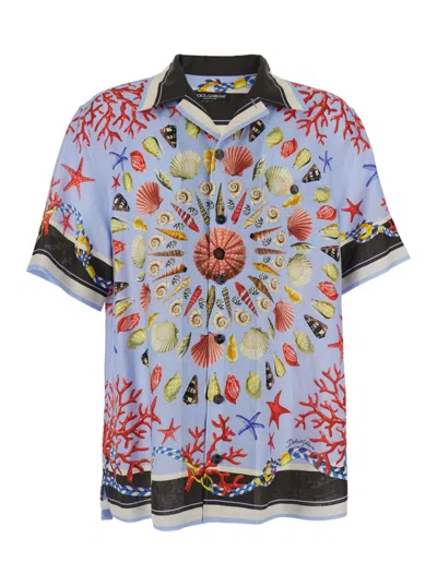 Dolce & Gabbana Multicolor Bowling Shirt With Cuban Collar And All-over Print In Linen Man