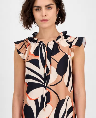 Robbie Bee Women's Printed Ruffle-neck Cap-sleeve Dress In Multi