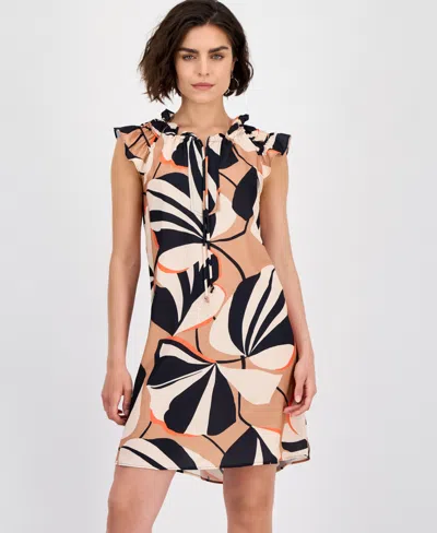 Robbie Bee Women's Printed Ruffle-neck Cap-sleeve Dress In Multi