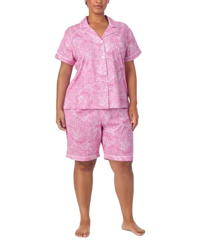 Ralph Lauren Plus Size Short-sleeve Notch-collar Bermuda Pajama Set In Pink