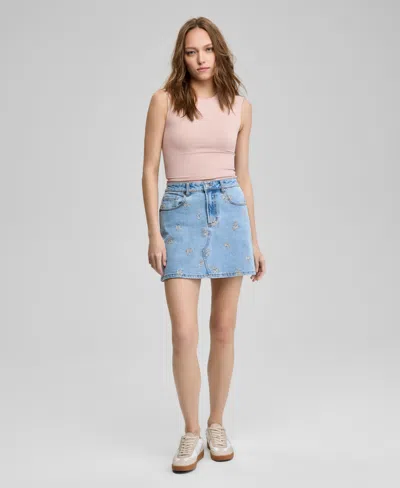 And Now This Women's Floral-embroidered Denim Skirt, Exclusively At Macy's In Blue