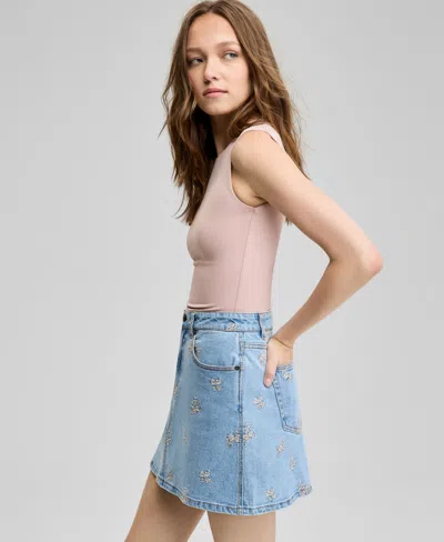 And Now This Women's Floral-embroidered Denim Skirt, Exclusively At Macy's In Blue