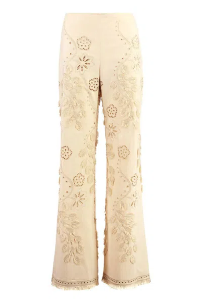 Alberta Ferretti Cotton Trousers Embroidered Frayed Hem In Neutral